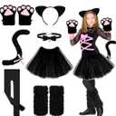 Haull 8 Pcs Halloween Kitten Cat Costume Accessories Girl Cat Ear Tail Gloves Bell Choker Necklace Tights Skirt Calf Sleeves, S