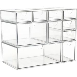Acrylic Makeup Organizer, 10 Drawers Clear Storage Organizer Desktop Stackable Storage Drawers, Plastic Organizer Bins for Makeup, Stationery, Cosmetics, Vanity, Bathroom,Cabinet,Pantry Office Desk