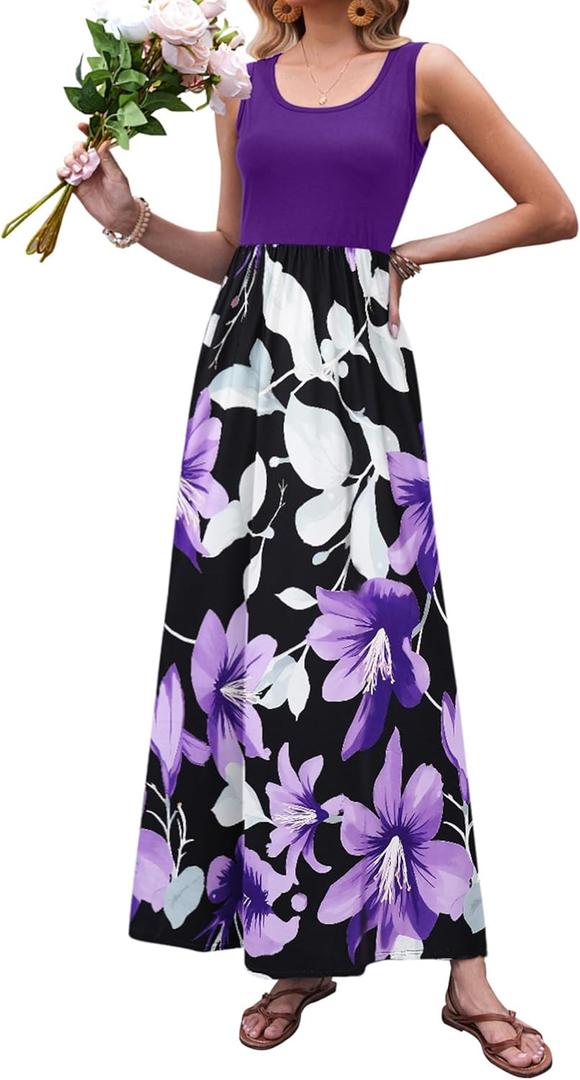 Bluetime Women's Summer Boho Sleeveless Floral Print Tank Long Maxi Dress (S-3XL) (Purple, M)