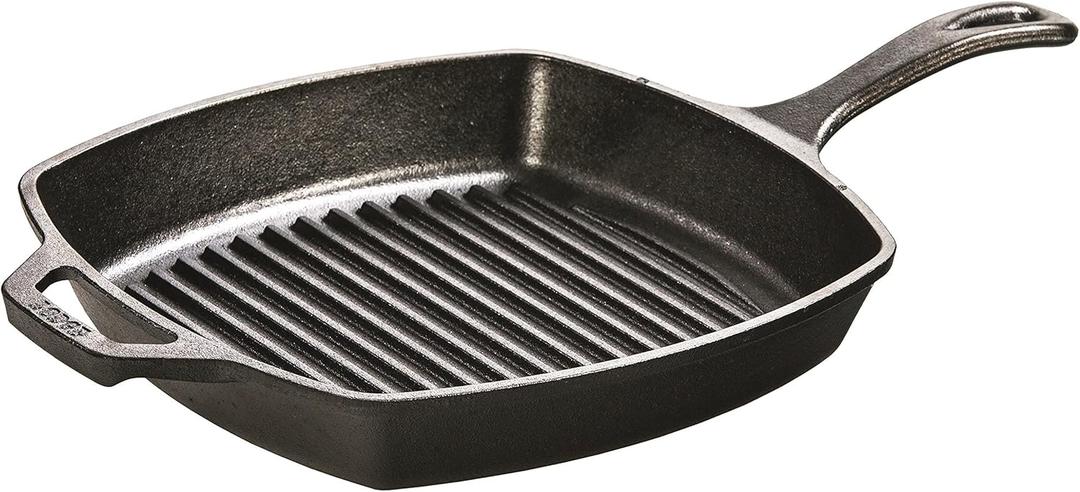 Lodge Square Cast Iron Grill Pan 10.5 Inches - Pre-Seasoned Square Skillet - Ridged Burger Grill Pan - Even Heat Distribution - PFAS-Free Non-Toxic Cookware