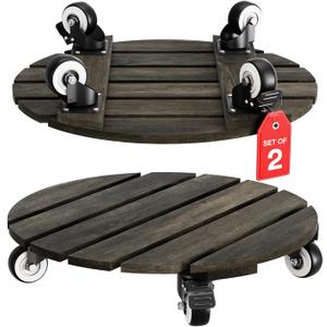 IDZO 2-Pack 14 Inch Acacia Wood Rolling Round Plant Caddy for Plant Pots, Heavy Duty Plant Stand with 360° Lockable Wheels, 264 lbs Capacity Caddy for Indoor and Outdoor Use, Black