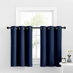 NICETOWN Cafe Curtains Small Window Blackout Tiers Valance Grommet Top Drapes for Kitchen/Basement/Bathroom, 34 inches Width x 36 inches Length per Panel, Navy, 2 Pieces