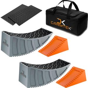 CARMTEK Camper Leveler Premium Kit | 6 Inch RV Levelers with Wheel Chocks, Rubber Mats & Carry Bag for Travel Trailers | Faster RV Leveling System Than RV Leveling Blocks | RV Accessories