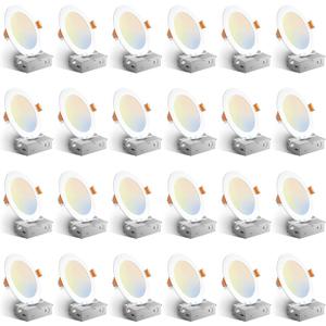 Amico 24 Pack 6 Inch 5CCT Ultra-Thin LED Recessed Ceiling Light with Junction Box, 1050LM Brightness, Dimmable Canless Wafer Downlight, 12W, ETL&FCC