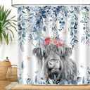 Blue Eucalyptus Highland Cow Shower Curtain Watercolor Floral Leaves Cattle Plants Botanical Bathroom Decor Waterproof Fabric Cloth 72Lx72W Inch with 12PCS Hooks