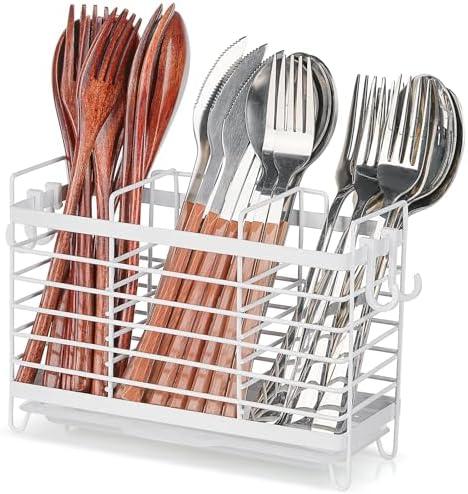 IWNTWY Utensil Holder, Stainless Steel Utensil Drying Rack with Drain Tray for Kitchen Counter, Wall Mounted Silverware Cutlery Holder for Forks, Knives, Spoons, Chopsticks Organizer (White)