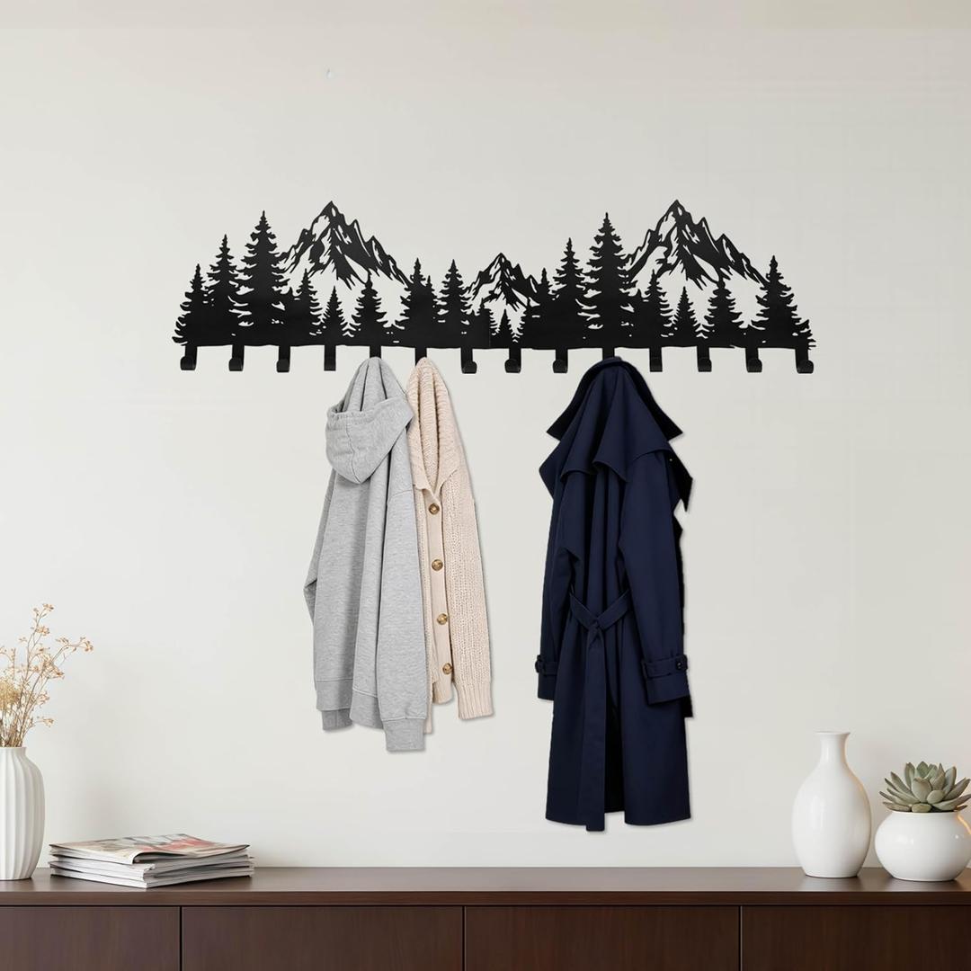 Large Black Mountain Wall Decor Coat Rack with 14 Hooks, Decorative Forest Wall Hanger for Cabin Entryway Front Door Bathroom Kitchen Office Home Wall Mount Holder for Key, Hat, Bag, Cloth