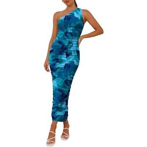 PRETTYGARDEN Women's One Shoulder Bodycon Dresses Summer 2025 Ruched Floral Beach Cocktail Wedding Guest Dress M