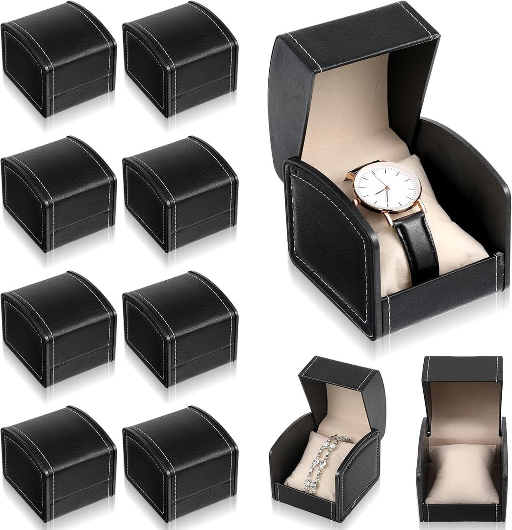 10 Packs Single Grid Watch Box with Pillow, PU Leather Gift Case for Bracelet, Jewelry Wristwatch Storage, Watches Display Holder for Men and Women, Single Watch Roll Organizer, Black