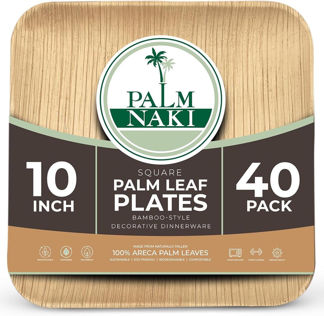 PALM NAKI Eco-Friendly Palm Leaf Plates - 10-Inch Square - Bamboo Style (40 Pack), Sustainable, Decorative & Compostable Tableware (10" Plates) (Natural)
