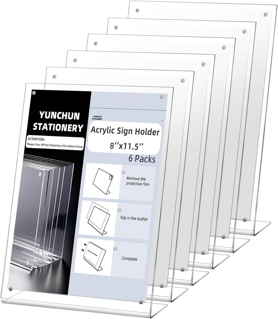 YUNCHUN 6 Packs Acrylic Sign Holder 8 x 11.5 Standing, L-Shape Magnetic 8 x 11 Menu Holder, Table Display Stand of Slant Back & Acrylic Frame for Store, Wedding, Restaurant, Hotel, Office Use