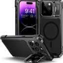 Lanhiem Magnetic for iPhone 14 Pro Max Metal Case, [Built-in Camera Kickstand & Glass Screen Protector] Heavy Duty Full Body Rugged Protective Military Magsafe Cover for iPhone 14 Pro Max 6.7" (Black)