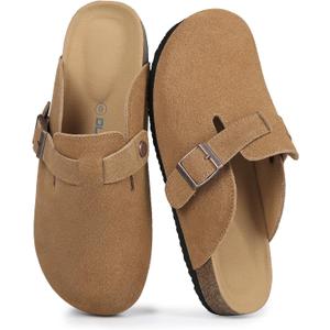 Dumalum Suede Clogs for Women and Men - Adjustable Buckle Slip-on Cork Footbed Mules with Antislip Sole - Unisex Slippers