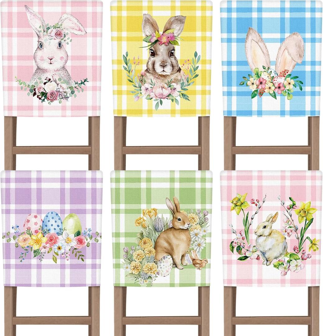 VitalCozy Set of 6 Easter Chair Cover Watercolor Bunny Flower Eggs Easter Chair Back Covers Rabbit Spring Decorative Case Buffalo Plaid Farmhouse Decorations for Kitchen Wedding Party Decor