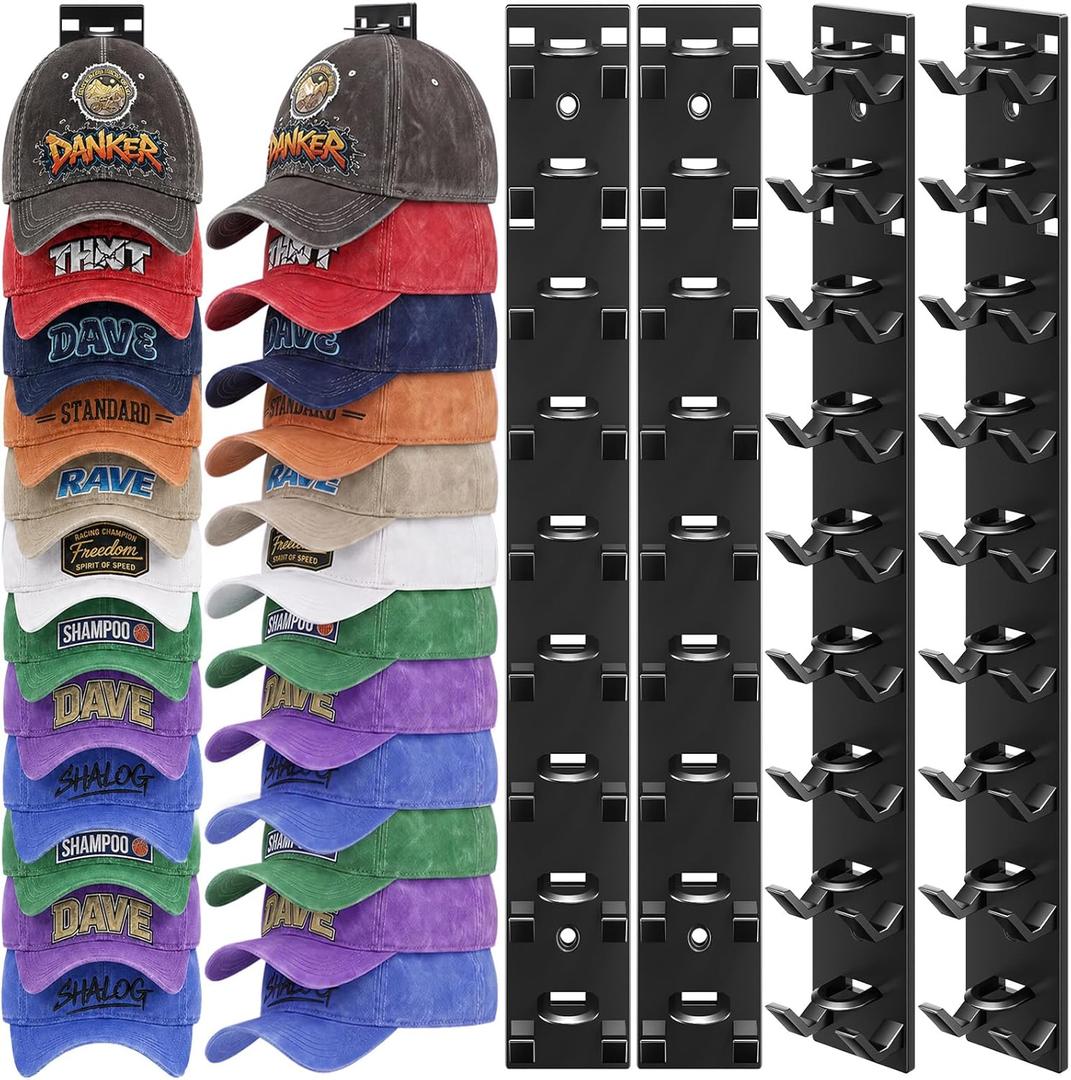 Hat Rack for Wall, 4 Pack Hat Organizer Storage for Baseball Caps, Hat Hanger Holder with Strong Adhesive & Drilling Screw for Closet, Bedroom, 36 Hats