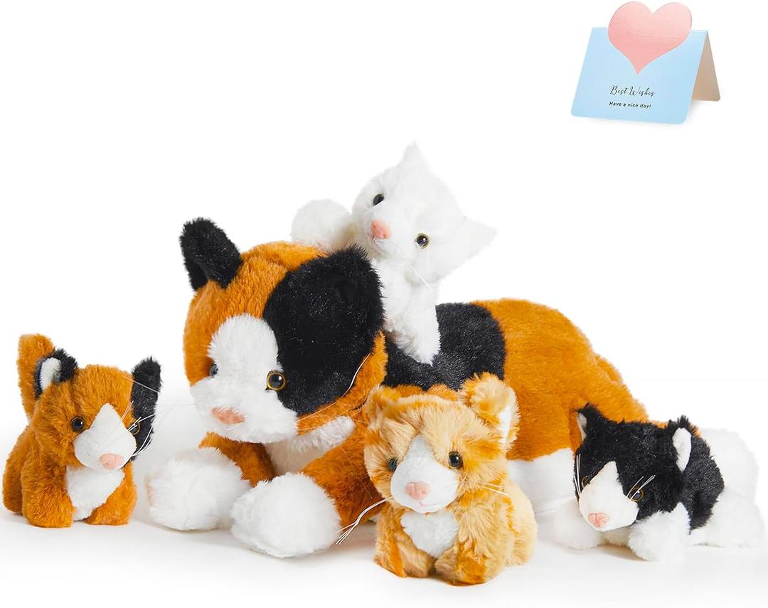 Houwsbaby 5-Piece Cat Plush Toy Set - Mommy Cat with 4 Kittens, Kitty Surprise, Parent-Child Stuffed Animals for Kids, 17''