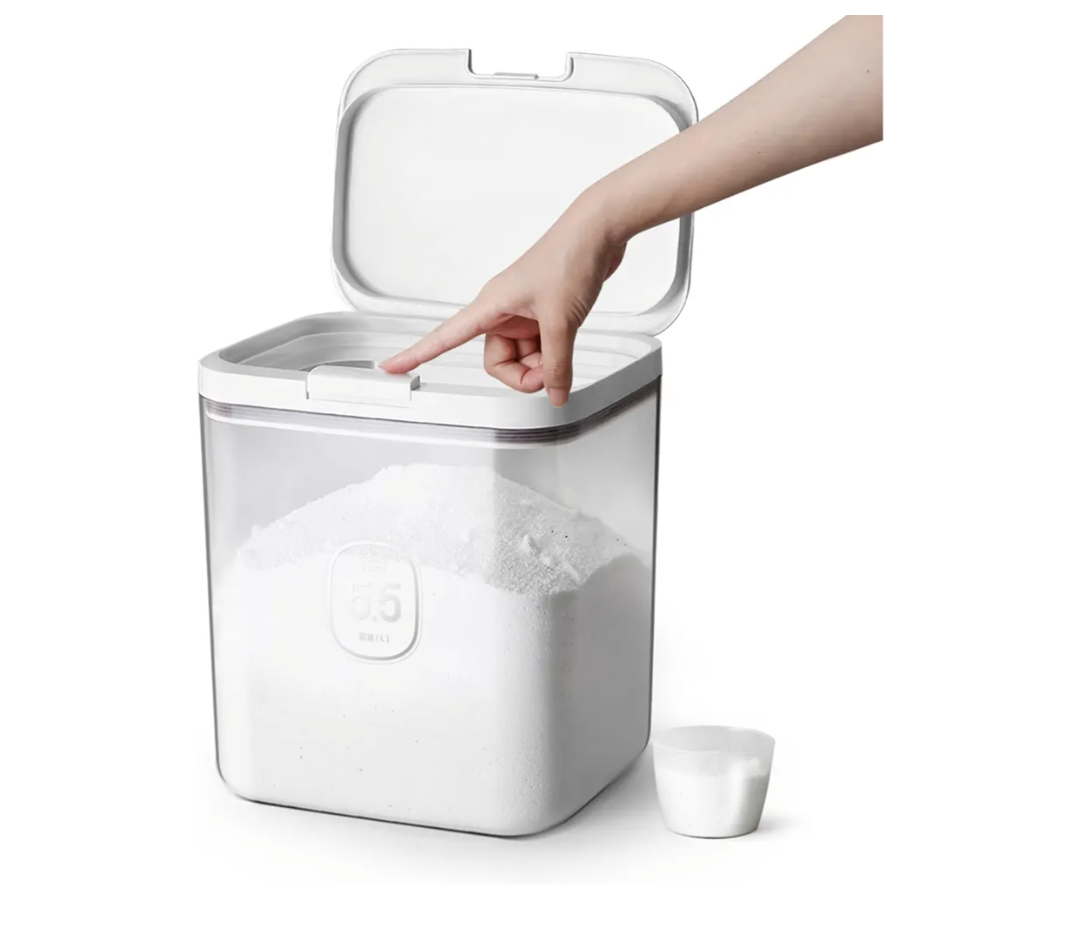 LivLab Mker Laundry Detergent Dispenser with One-Press Lid,Clear PET Powder container with Measuring Cup, Pods container 5.5L/12Lbs/200oz(270 Pods)