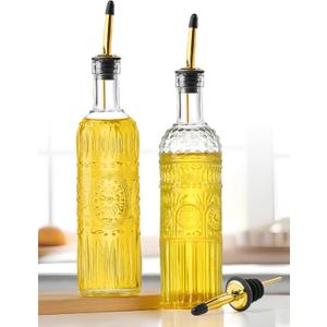 2 Pcs Olive Oil Dispenser Bottle for Kitchen,17oz Clear Glass Cooking Oil and Vinegar Dispenser Set, Coffee Syrup Dispenser with 2 Pourers and 1 Funnel (Two circles)