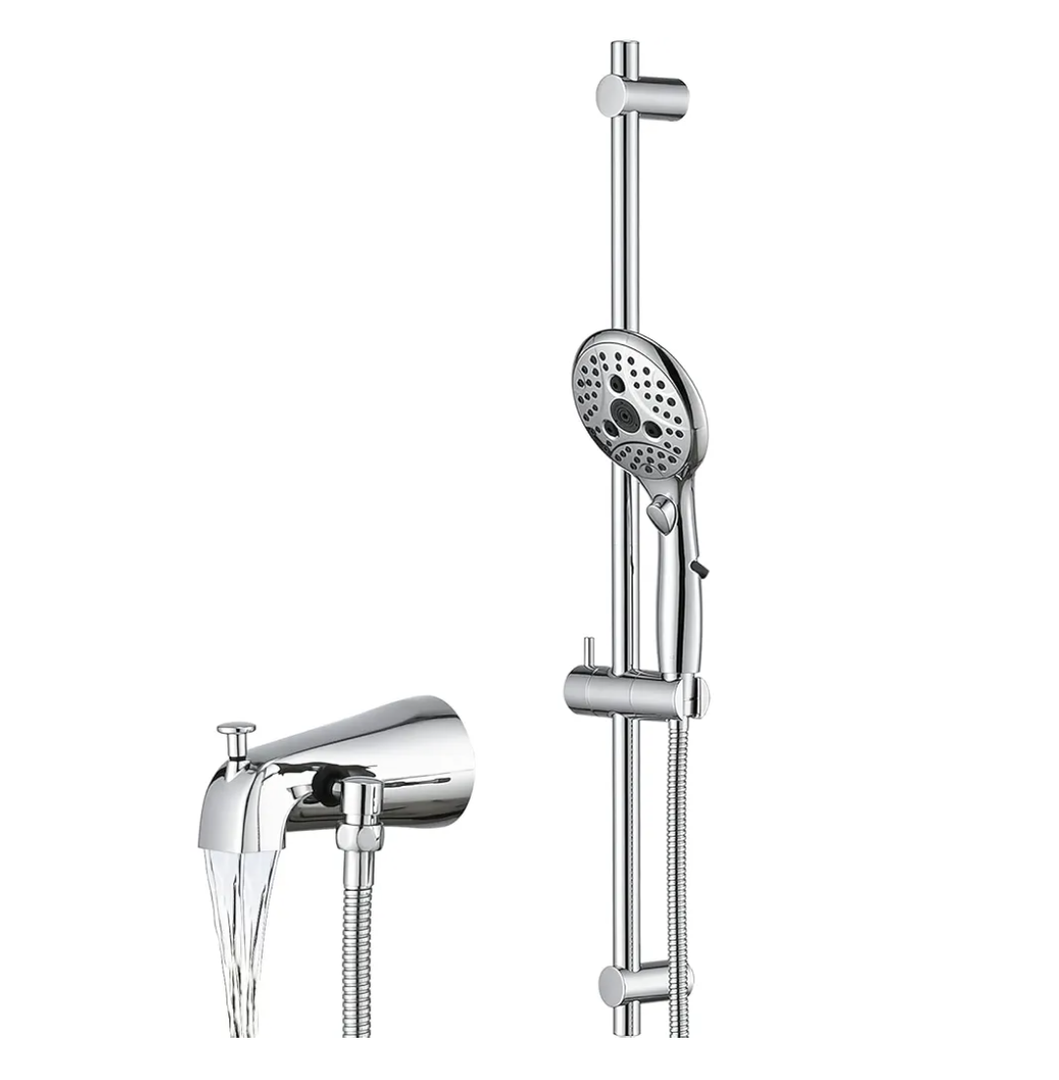 PROOX All Metal Diverter Tub Spout, 6 Settings Hand Held Shower with ON/Off Pause Switch, Adjustable Slide Bar, Chrome