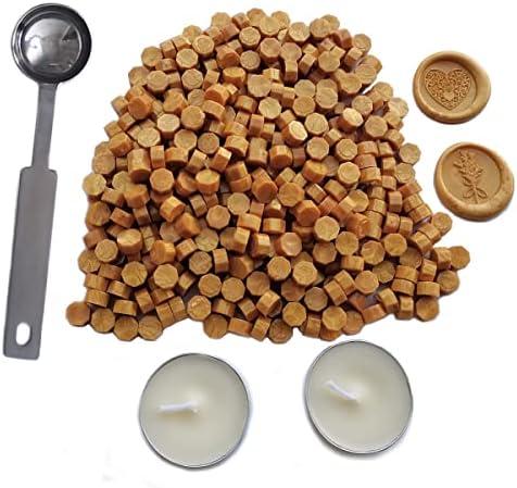 Pack of 3, Sealing Wax Beads, YOSENLING 350 Pcs Gold Wax Seal Beads with 2 Pcs White Candles and 1 Pcs Wax Melting Spoon, Great for Wedding Invitations, Wine Packages, Cards Envelopes, Gift Wrapping. (Gold)