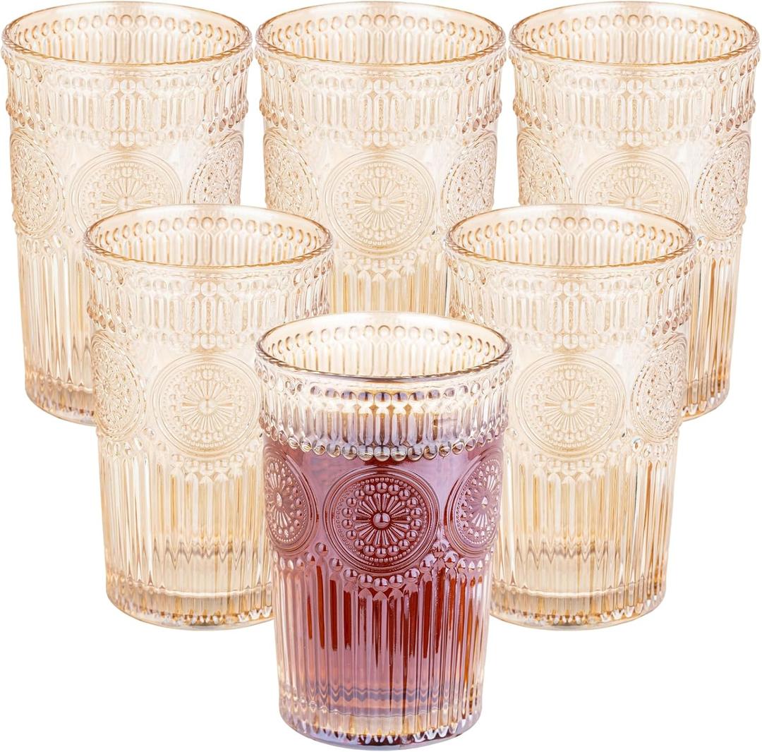 Vintage Textured Amber Striped Drinking Glasses Set of 6, 13 oz Ribbed Glassware with Flower Embossed Design, Romantic Cocktail Set, Juice Glass, Iced Coffee Cup, Colored Water Glasses Tumblers