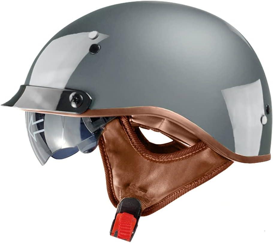 Vintage Half Face Helmet Motorcycle Open Face Sun Visor Quick Release Buckle Cycling Motocross Helmets Suits Men Women DOT Approved (Large, Grey)