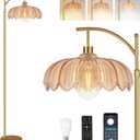 Gold Floor Lamp for Living Room,Bedroom,Mid Century Modern Standing Lamp with Remote,Dimmable Brass Tall Lamp Amber Glass Lamp Vintage Retro Arc Floor Lamps Flower Floor Light Boho Bohemian