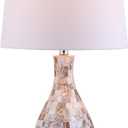 JONATHAN Y 26.5" Ivory Beige Mosaic Seashell LED Table Lamp for Living Room Bedroom Nightstand, Coastal Capiz Shell Base with White Linen Drum Shade, LED Bulb Included JYL1054A