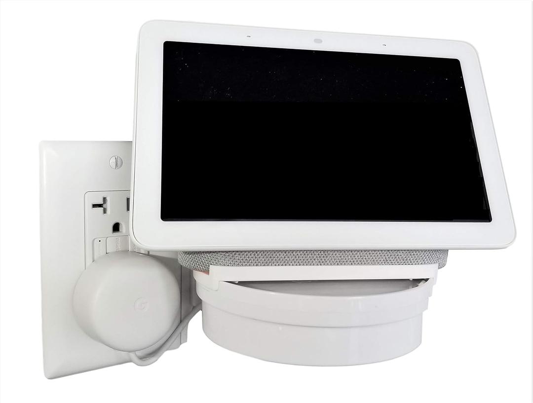 The Google Home Nest Hub [Gen 1 and Gen 2] Mount for Electrical Outlets. Full Swivel. Installs in Seconds. Hidden Cord Storage. Award Winning Design. Works on All Vertical Outlets. White