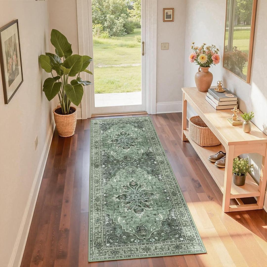 RELEANY Area Rugs 2'x6' Runner Rug Non Slip Washable for Kitchen Hallway Bedroom Beside Laundry Room Bathroom Rug, Floor Carpet, Dark Green Gray