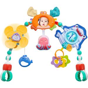 Adjustable Baby Stroller Arch Toy, Car Seat Toys for Infants 6-12 Months Bassinet Hanging Toy Bar Attachment with Mirror & Sound, Crib Comfort Gift for Birthday, Baby Shower (Ocean)