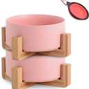 Petygooing Pink Ceramic Dog Cat Bowl Set with Stand, Pet Food and Water Dish, Medium Dog Bowls Anti Slip Set of 2 Cat Bowls Pet Food Bowl- Pet Dishes Small Medium Size Pet (28 OZ /3.6 Cups)