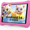 Kids Tablet for Kids 3-7: 10 inch Android 14 Tablet 6000mAh, 8GB+64GB+1TB Expandable for Toddler with Kids Space, Parental Control, HD, Dual Camera, WiFi, Shockproof Case, Screen Protector (Pink)