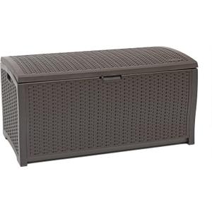 Suncast DBW9200 99 Gallon Outdoor Wicker Plastic Patio Storage Chest Bin with Handles for Patio, Garden, Garage, or Pool for All Weather, Mocha