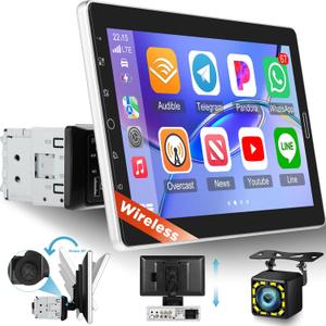 10.1 inch Single Din Car Stereo with Wireless Carplay 10 inch Touchscreen Radio Support AM FM Radio/YouTube Video/Car Play/Android Auto/Bluetooth/SWC + Backup Camera + Mic