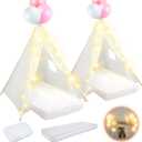 2 Pack Kids Teepee Tent with Mattress,Fitted Sheet,Light String,Washable Natural Cotton Toddler Play Tent for Girls Boys Indoor Outdoor Sleepover Slumber Birthday Party(White)