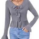 olrain Women Long Flare Sleeve V Neck Tie Front Pan Collar Ruffle Hem Blouse Ribbed Spring Fall Outfit Cute Going Out Tops, XXL