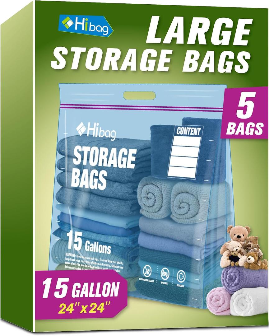 15 Gallon Large Storage Bags, 24 x 24 Zipper Bags with Handle, Extra Large XL Zip Top Bags for Clothes Travel Moving, Blue, Pack of 5