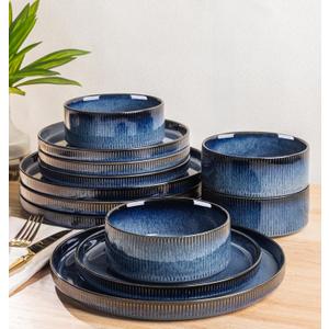 TheTerra Ceramic Dinnerware Sets for 4, 12 Pieces Porcelain Lightweight Plates and Bowls Sets, Scratch Resistant Dish Set, Oven & Microwave & Dishwasher Safe, Starry Blue
