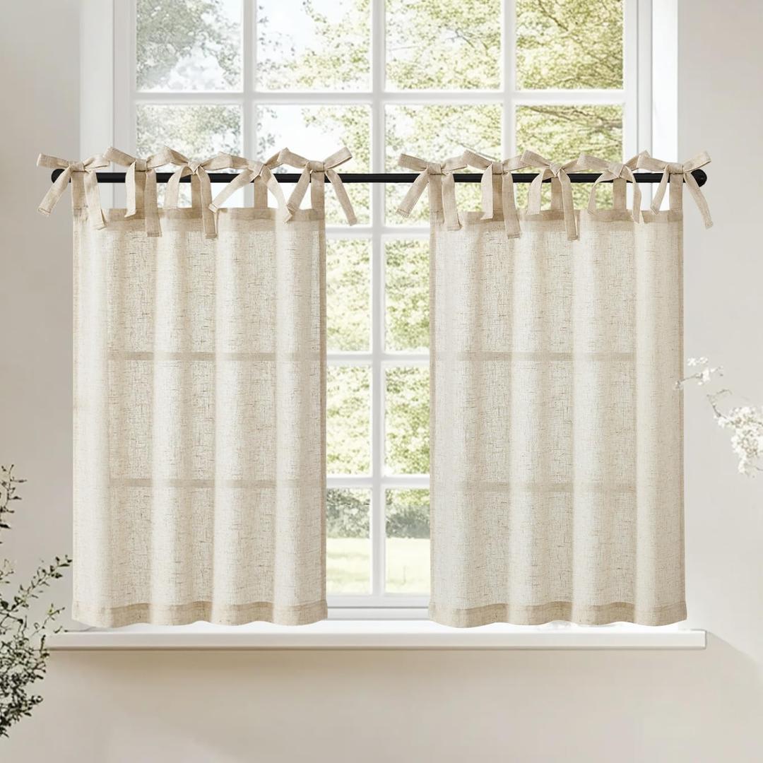 jinchan Tie Top Linen Kitchen Curtains Over Sink 36 Inch Length Tier Curtains Farmhouse Rustic Small Cafe Curtain for Bedroom Living Room Bathroom Half Window Light Filtering Privacy 2 Panels Crude (Verona Curde)