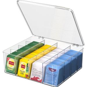 Tea Bags Organizer with Lids - Acrylic Tea Packet Organizer for Countertop Pantry, Stackable Clear Storage Box - Large