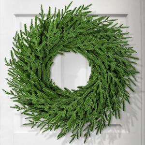 24 Inch Christmas Wreath for Front Door, Norfolk Pine Wreath for Home Porch Window Wall Farmhouse Decor Indoor Outdoor, Green Wreath Christmas Decor Wreath, Inner Ring Size 8 Inch
