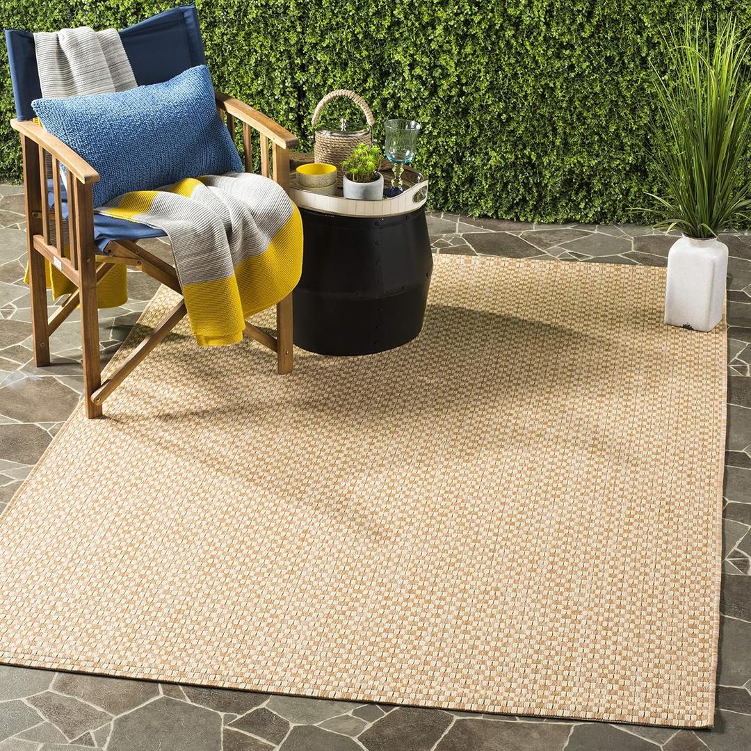 SAFAVIEH Washable Rug Outdoor Courtyard Collection - 4' Square, Natural & Cream, Non-Shedding & Easy Cleaning, Ideal for Patio, Backyard, Mudroom (CY8653-03021)