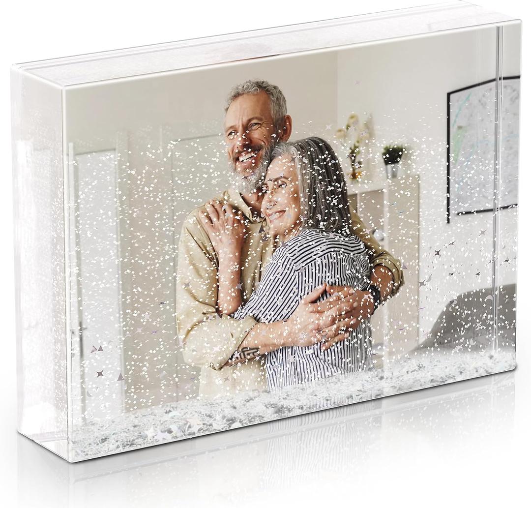 Christmas Glitter Liquid Picture Frame: Clear Photo Frame Plastic Acrylic Floating Sparkle Water Personalized Snow Globe Cute Family Couple Custom Gift (Silver, 4X6)