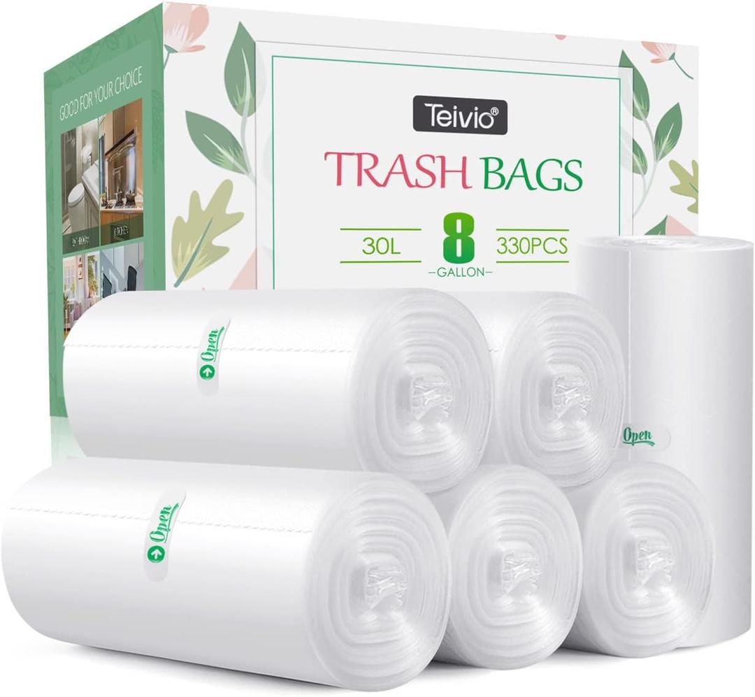 8 Gallon 330 Counts Unscented Medium Trash Bags,Fit 7,8,9,10 Gal Garbage Bags by Teivio, 30 Liter Thick Bathroom Can Bin Liners,Plastic Bags for Home Office Kitchen, Clear