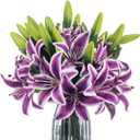 XunYee 16 Pcs Artificial Tiger Lily Flowers Mother's Day Real Touch Lily Latex Lilies Flowers Artificial Bouquet Faux Latex with Rods for Home Decoration Birthday(Purple and Green)