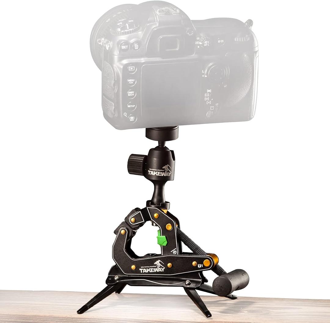 TAKEWAY Camera Clamp Mount Tabletop C Clamp Mount Stand with Phone Holder, 360Rotatable Mini Ball Head and 1/4" Screew Quick Release Clamp for GoPro/Brinno/DSLR/MILC/SLR Camera and Smartphone