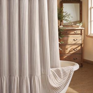 XOGUIBO Farmhouse Shower Curtain with Ruffle Hem Linen Shower Curtains for Bathroom Country Vintage Rustic Natural Fabric, Cream-Brown Stripe 72" W x 84" L