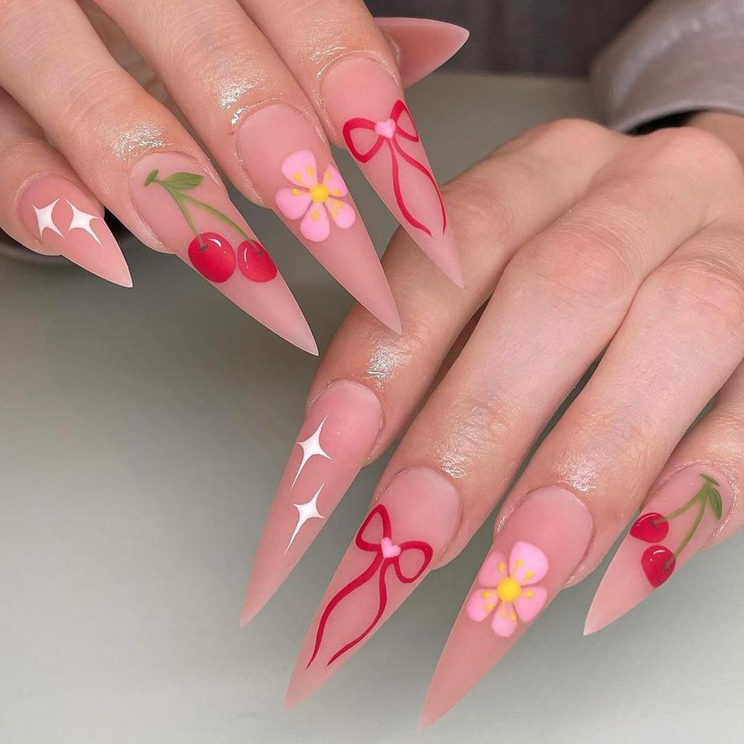 Long Press on Nails Almond Fake Nails Flower False Nails with Colorful Floral Bow Cherry Design Glue Pink Nails Matte Full Cover Stick on Nails Stiletto Acrylic Nails for Women Spring Manicure 24PCS 