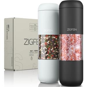 Manual Salt and Pepper Grinder Set - Stainless Steel, Ceramic, Large Glass Adjustable Shakers in Black/White, 2-Pack - Refillable Pepper Grinder & Salt Grinder Manual with Award Winning Design